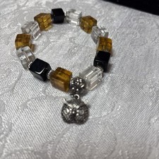 Elastic Bracelet With Modern Square Beads, Metal Beads, And Owl Pendant, Boho