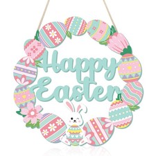 Happy Easter Decorations Sign, Bunny Eggs Wood Wreath for Front Door Porch Wi...