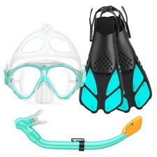 Seovediary Kids Snorkel Set, Mask Fins Snorkeling Gear for Anti-Fog Cyan