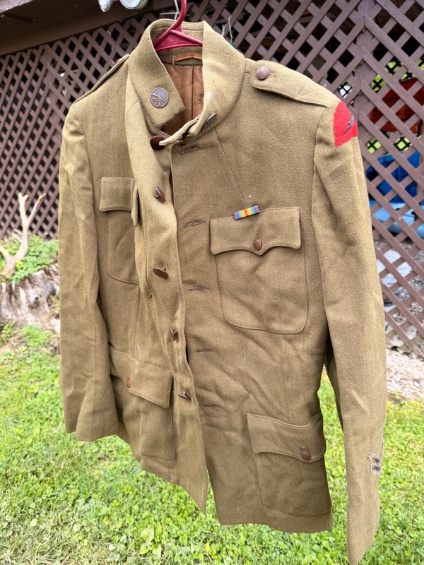 WW I US Army wool combat coats, shirts, pants, maps, pencil, cigerette/matches