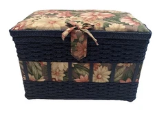 Vintage Sewing Basket With Handle Blue Wicker Floral Pattern Lid Pin Cushion