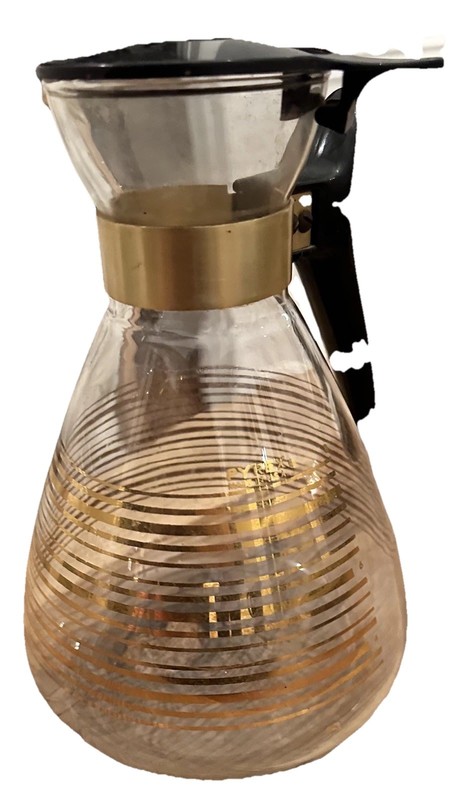 Vtg 50-60s Atomic Pyrex Mid-Century Modern Glass Carafe Gold Stripe 10-Cup Retro
