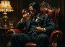John Wick Keanu Reeves AI Generated Fan Art Sitting With Dog In Bar 8X10 Print