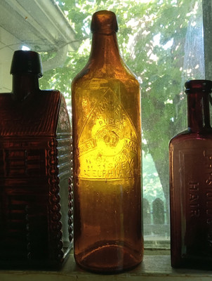 GOLDEN AMBER PERRINE'S PURE BARLEY MALT WHISKEY 1880s APPLIED TOP BOTTLE
