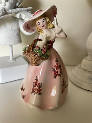 Lefton 398A Lady Figurine Ceramic Pink Floral Basket Dress Hat