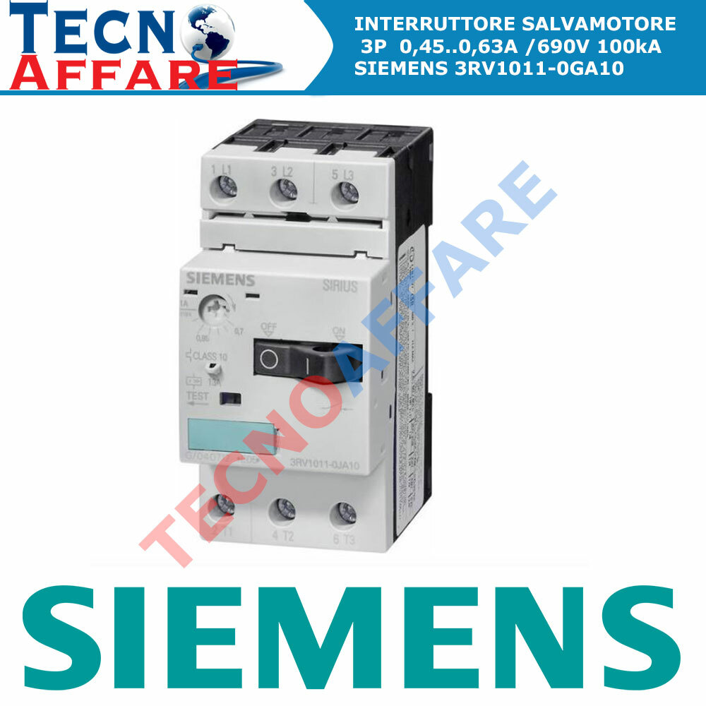 Salvamotore Regolabile 0,45 - 0,63A 3P 3 Poli 100 kA, 690V Siemens 3RV1011-0GA10