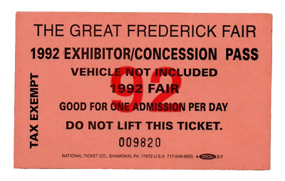 1992 Great Frederick Fair Exhibitor Concession Pass Ticket Maryland MD Card VTG