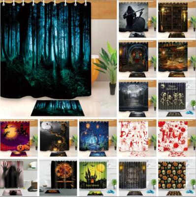 Halloween Theme Pumpkin Shower Curtain Set Waterproof Fabric Bathroom w/12 Hooks