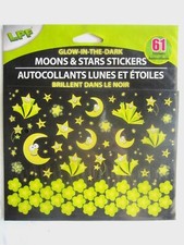 GLOW-IN-THE-DARK 61 Fun Bright Stickers Moon  Stars 1 1/2"- 1/8" Age 3 Pkg New