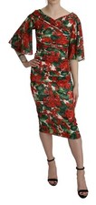 DOLCE & GABBANA Dress Silk Stretch Red Floral Sheath Midi IT38/US4/ XS RRP $3400
