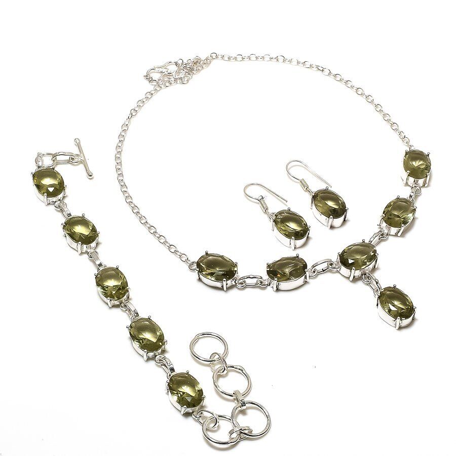 Green Amethyst Gemstone Necklace Set Handmade Oval Shape Solitaire Jewelry Set