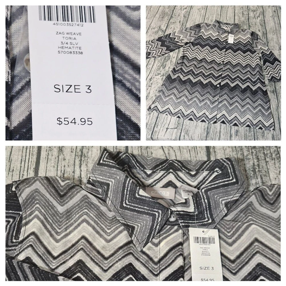 NWT Chico's Shirt Blouse  Stripe Top 3/4 Sleeve Women 3 Zag Weave $55 Retail Tag - Image 2 of 4