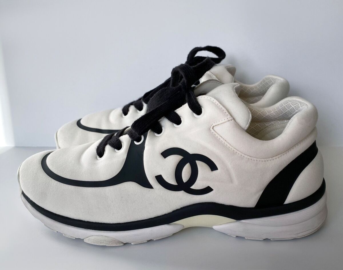 CHANEL WHITE BLACK CC LOGO FABRIC SNEAKERS 42 | eBay CHANEL WHITE BLACK CC LOGO FABRIC SNEAKERS 42 | eBay