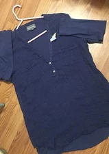 NWT Michael Stars Blue Gauze Cotton Front Fringe Trim Shirt Tunic XS Pockets