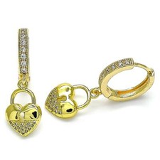 14K GOLD PLATED CZ HUGGIE HOOP W/ WHITE MICROPAVE HEART W/ KEYHOLE DANGLES M275