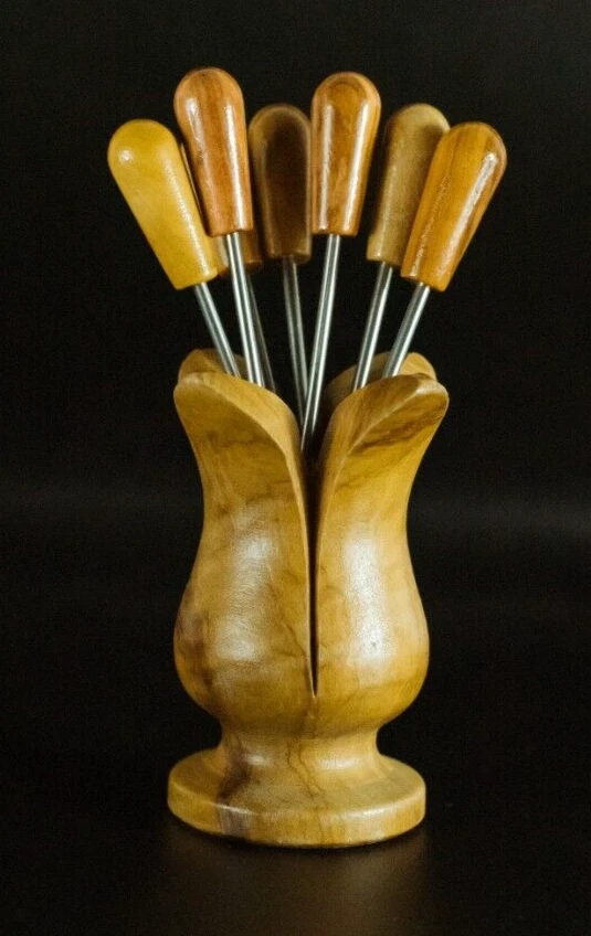 Tulipán de madera con 8 tenedores para aperitivos Foto 2 de 4