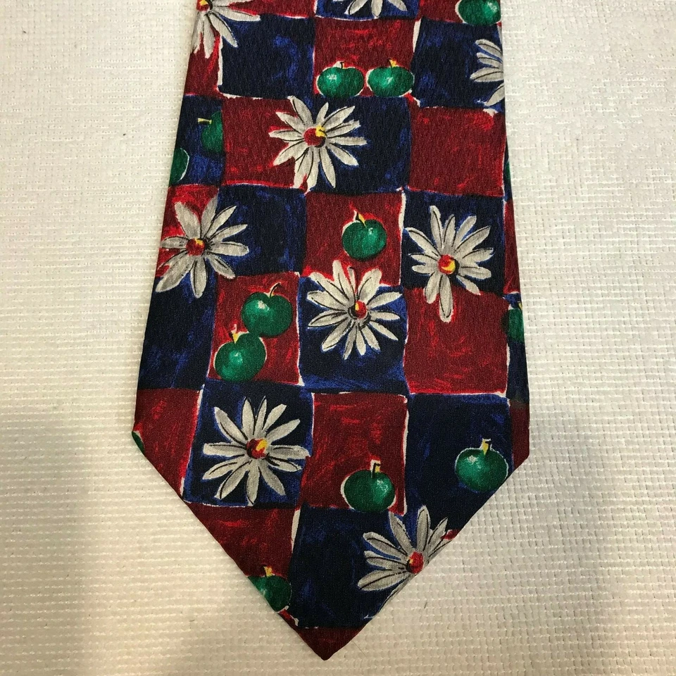 PARA NORDSTROM Corbata Hombre 100% Seda Hecha en Italia- Rojo Azul Flores Manzanas W 4" Foto 4 de 4