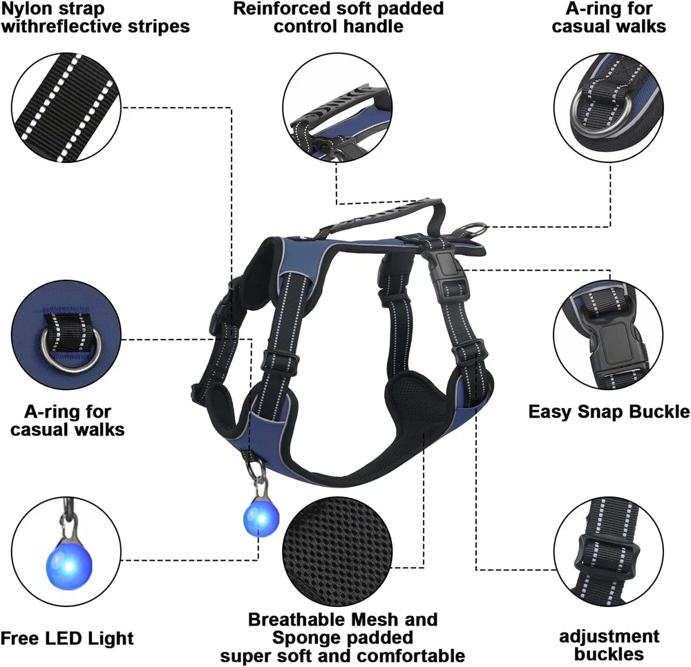Dog Harness Navy Blue No Pull Y Shaped for Medium Sized Dog, Small to Large D...