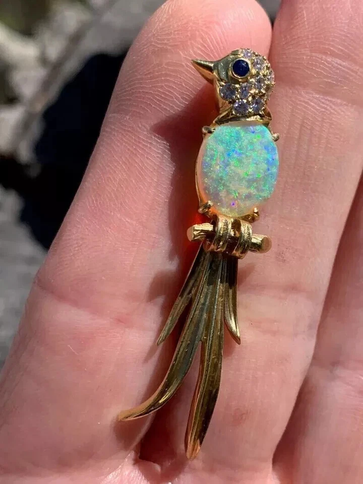 Broche prendedor de pájaro para mujer enchapado en oro amarillo de 14 quilates simulado ópalo corte ovalado de 2,00 quilates Foto 3 de 4