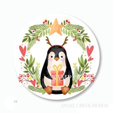 Penguin in Wreath Christmas Scrapbook Stickers Holiday Favors Envelope Seals