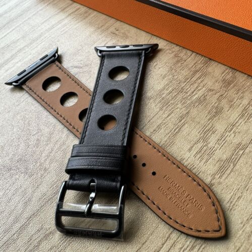 Apple Hermes Rallye cinturino singolo in pelle nera si adatta a Apple Watch 49 mm 45 mm - Foto 1 di 10