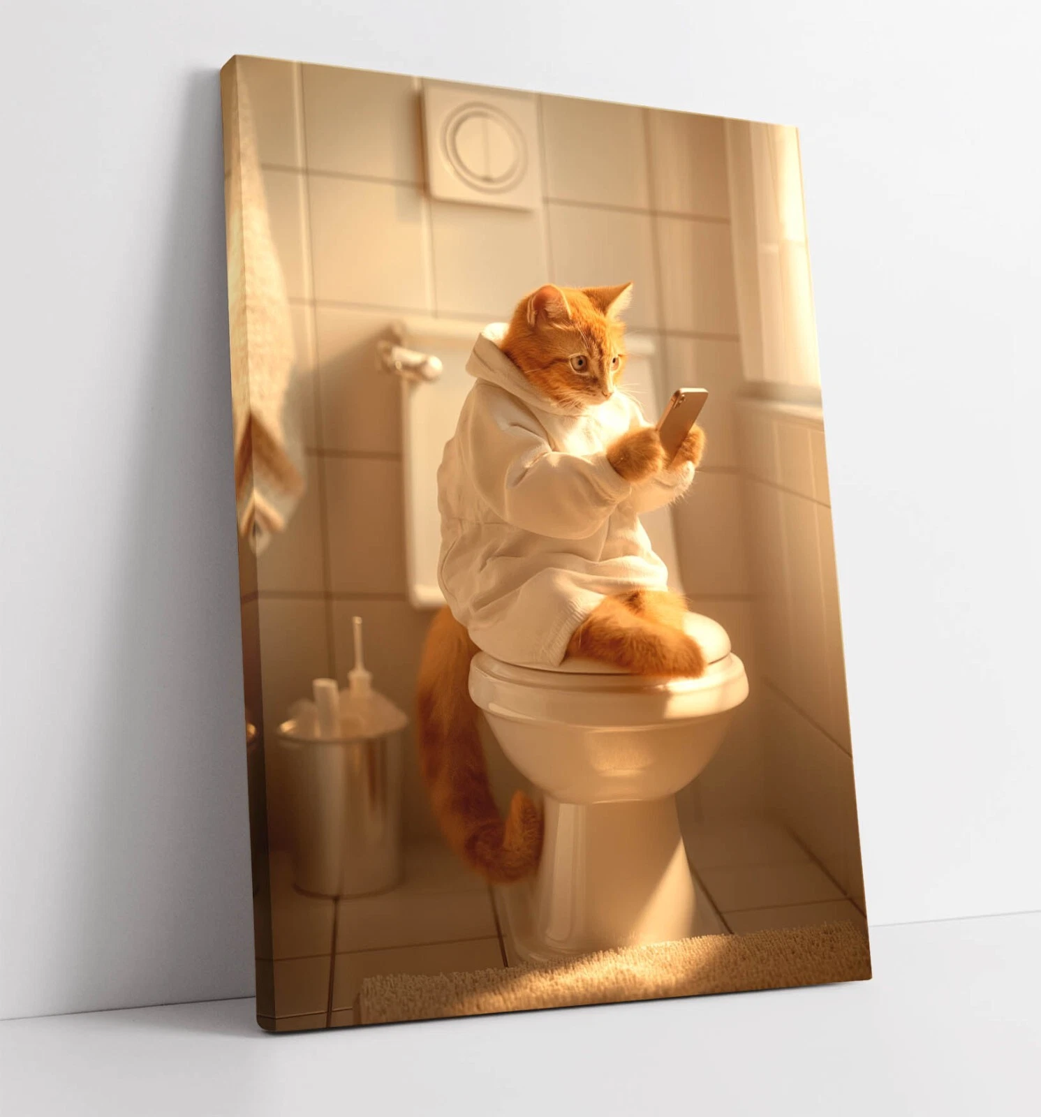 FUNNY CAT ON TOILET BATHROOM DECOR FRAMED CANVAS WALL ART PICTURE PRINT