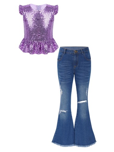 Girls 2Piece Sparkly Sequins Crop Top with Ripped Flared Jeans Pants Outfit - Picture 29 of 57