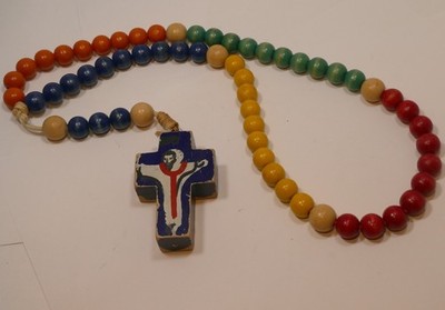 Wood Bead child Rosary multi-colaor roma Vatican 3 Fish logo 20'' long