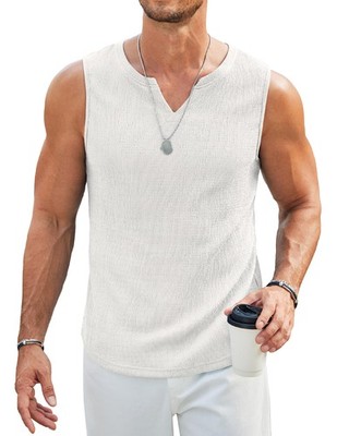 Mens V Neck Knit Tank Top Textured Jacquard Sleeveless Summer Beach Casual Shirt