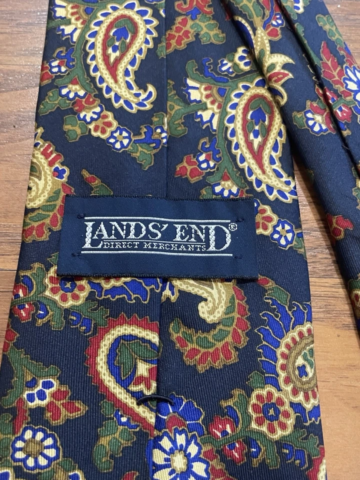 Corbata de lino Lands End vintage para hombre 100 % seda hecha en EE. UU. - azul marino cachemir Foto 4 de 4