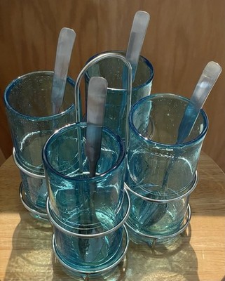 Vtg Set 4 Hand Blown Aqua Blue Bubble Glasses Spoons & Caddy Iced Tea Lemonade