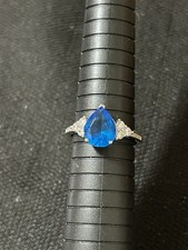 Sparkly 925 Sterling Silver Ring Teardrop Blue And Round Clear CZs Size 10