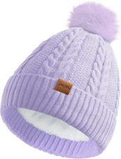 Women's Winter Fleece Beanie Hat, Warm Soft Wool Lined Knit Cross Cap with Pom P