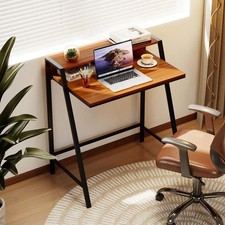 Walnut Black Computer Desk With Raised Monitor Stand 2 Tier Workstation