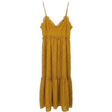 Lulus Maxi Dress Womens Medium Mustard Yellow Textured Floral Tiered Ruffle Boho