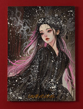 1/1 Original Sketch Card Fantasy Girl Black Dress Purple Hair Snow Night UV Glow