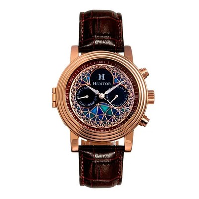 Heritor Automatic Legacy Leather-Band Watch w/Day/Date - Rose Gold/Brown