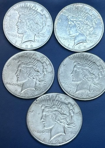 Peace Dollar $1 Coins Lot 1922-23-24-25-26S 90% Silver 3.9 Oz Total Silver XF