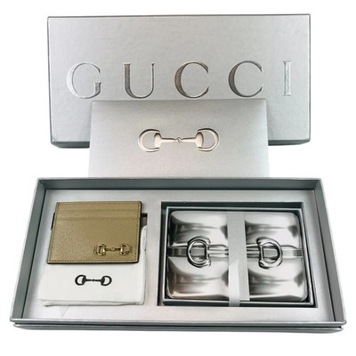 Auth GUCCI Horsebit Card Case & Playing Cards Set Beige Leather Boxed Rare READ