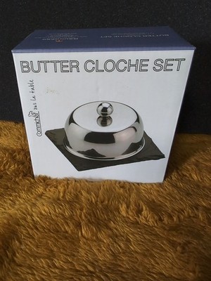 Grunwerg Schieferschale mit Edelstahl Cloche für Butter oder Pastete Kühlschrank 10 cm