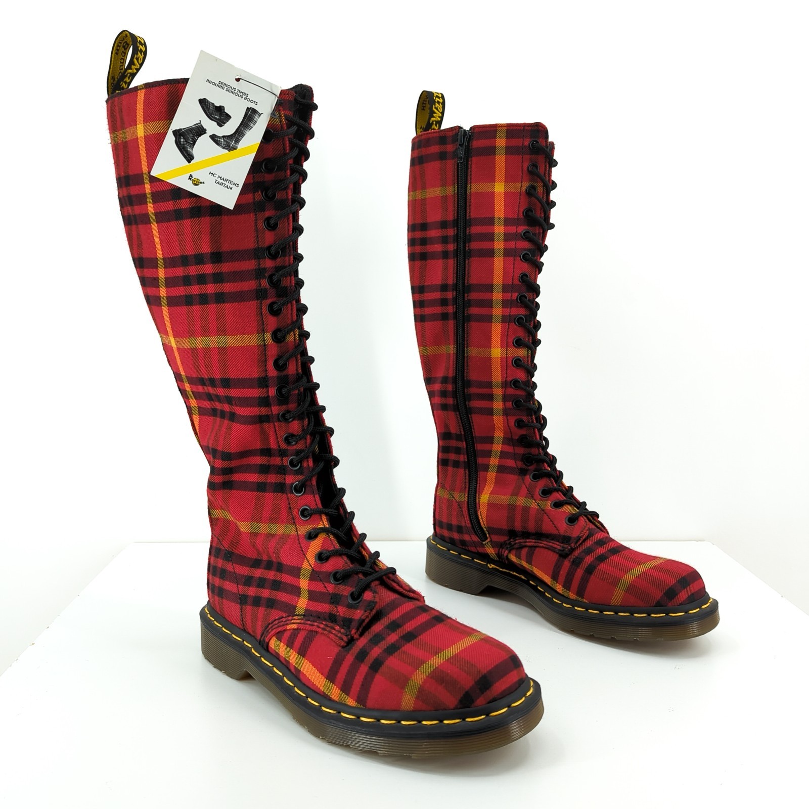 Dr. Martens Women 8 Sheena McMartens Boots Red Tartan Plaid 20 Eye Lace Knee NEW
