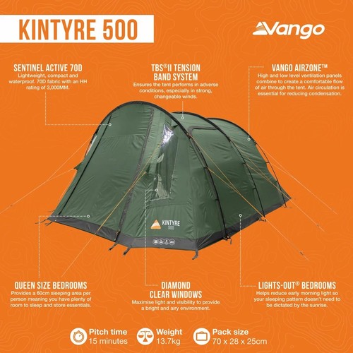 Vango Kintyre 500 Tunnel Tent, 5 Person Outdoor Tent - Picture 2 of 8
