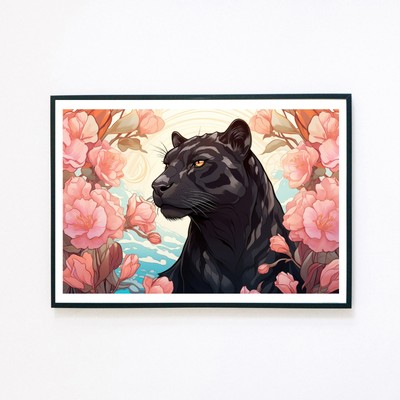 Black Panther Botanische Blumen Raubkatze Illustration 7x5 Wanddeko Kunstdruck 