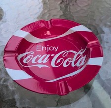 VTG Red w/ White Stripes  Enjoy Coca Cola Tin Ashtray, Advertising Ashtray 5.5"
