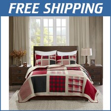 All-Season Breathable 3-Piece Quilt Set - Reversible King Bedding in Plaid Red