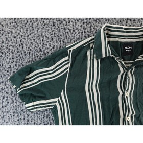 NUON Mens Green White Striped Short Sleeve Button Up Relaxed Fit Shirt Size M