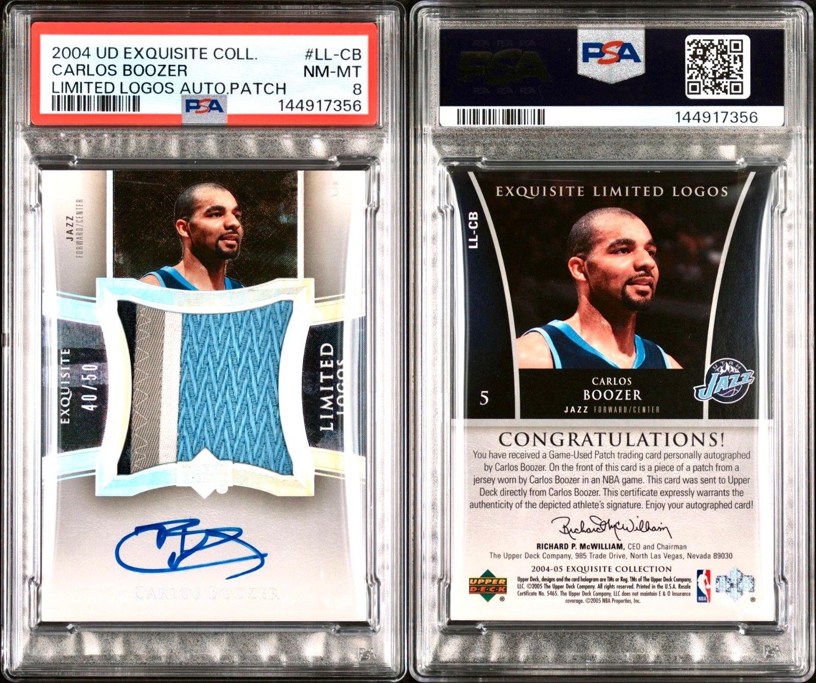 CARLOS BOOZER 2004 Exquisite Limited Logos Game-Worn Patch Autograph 40/50 PSA 8 view 3