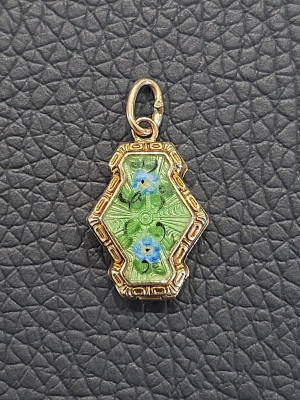 Antique 14k Yellow Gold Enamel Blue & Green Floral Locket Pendant