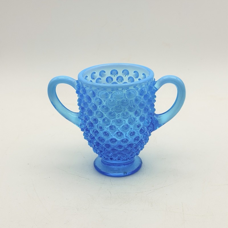 Fenton Blue Opalescent Hobnail Open Sugar Bowl Double Handle Vintage Art Glass