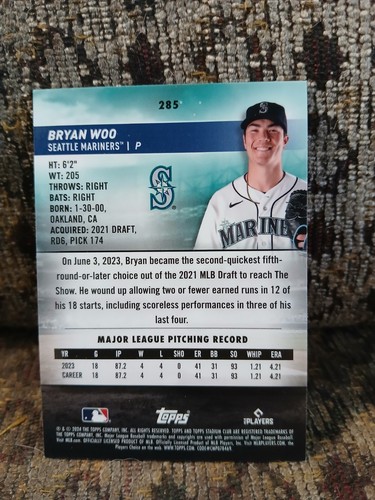2024 Topps Stadium Club Bryan Woo #285 Chrome Parallel RC Mariners - Bild 2 von 2